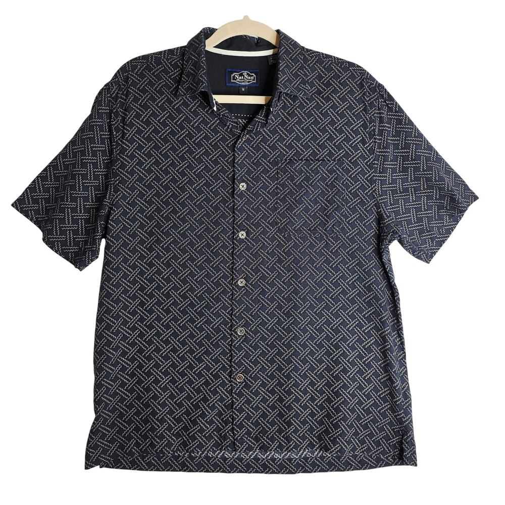 Nat Nast Luxury SzM Silk‎ blend dark navy geometric buttondown shirts. Quiet lux